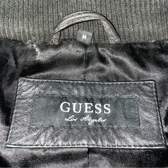 Womens GUESS LOS ANGELES LEATHER ZIP BOMBER JACKET BLACK Size M - Picture 11 of 13